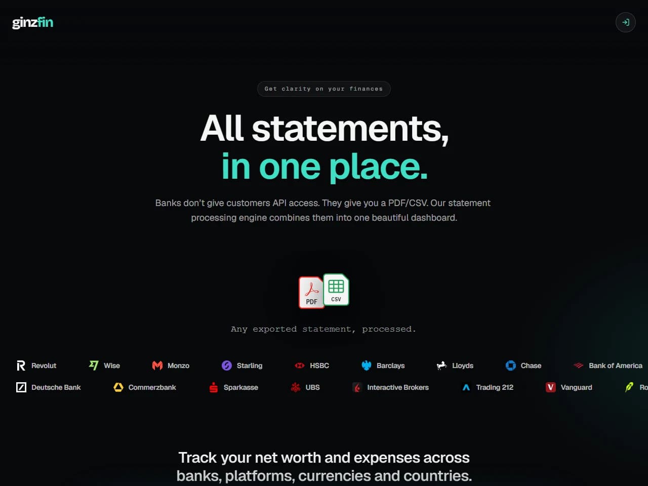 ginzfin landing page: 'All statements, in one place' hero above a strip of bank and broker logos