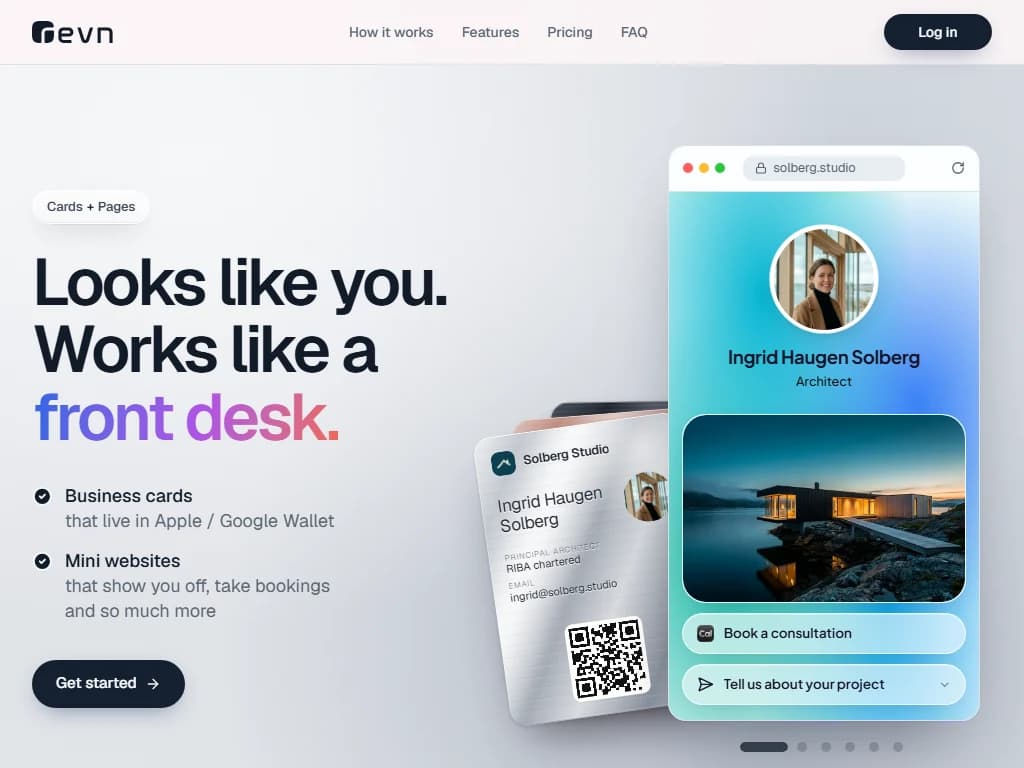 revn landing page: 'Looks like you. Works like a front desk.' hero beside a Wallet business card and a mini-site in a browser frame