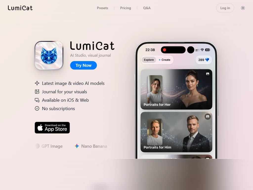 LumiCat landing page: app icon, feature list and an iPhone showing the studio's portrait presets