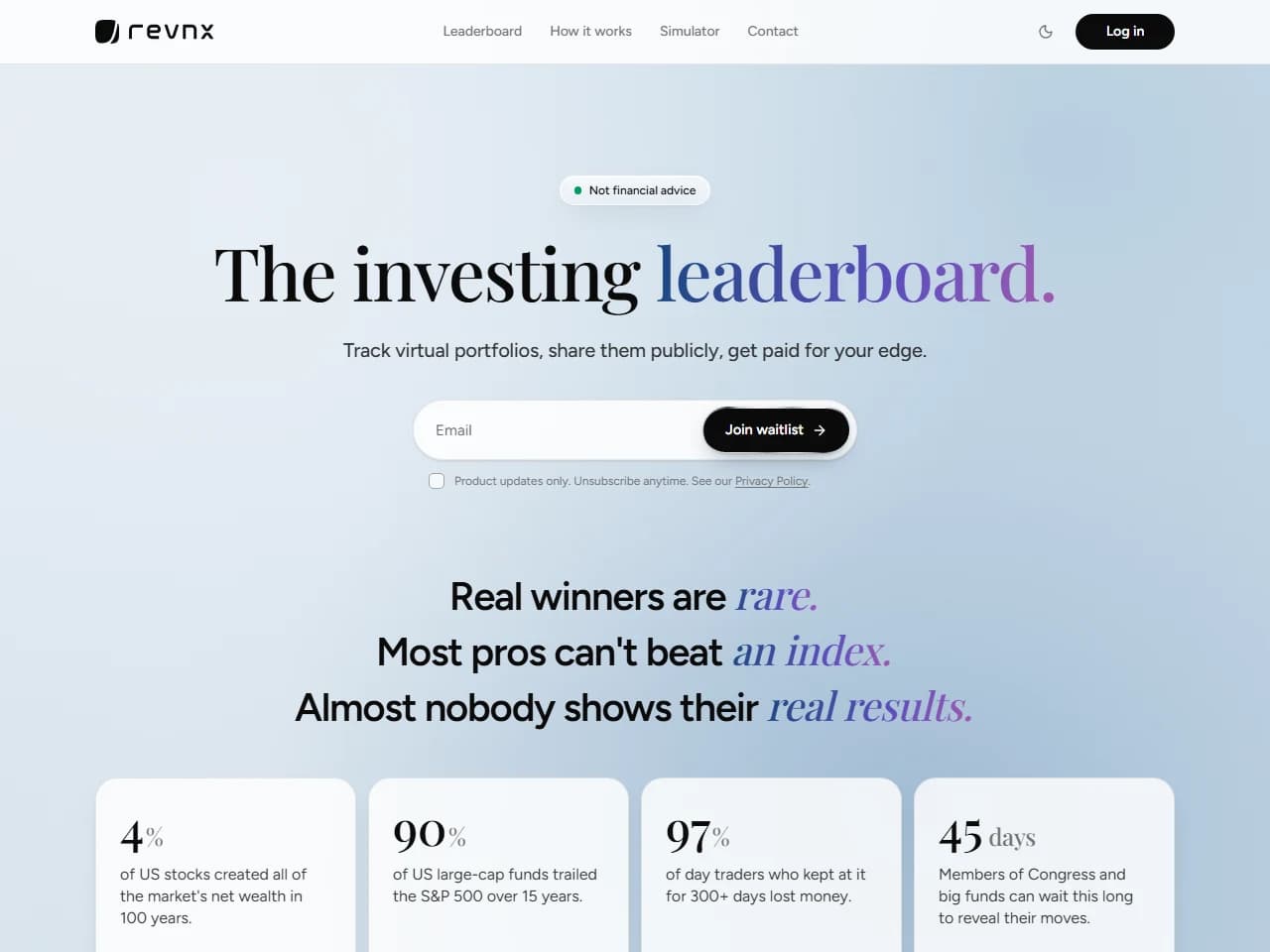 revnx landing page: 'The investing leaderboard.' hero above a row of stat cards about market returns