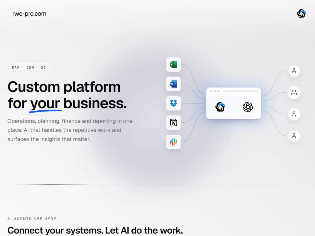 rwc-pro.com landing page: Custom platform for your business hero and a diagram of tools connecting to ChatGPT